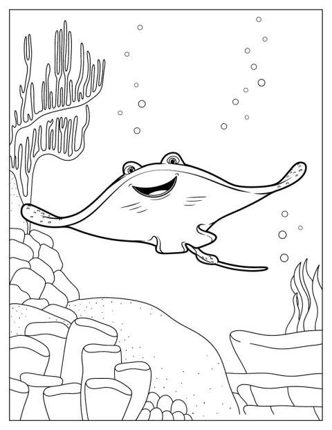 De rog Mr. Ray uit Finding Nemo zwemt door het water.