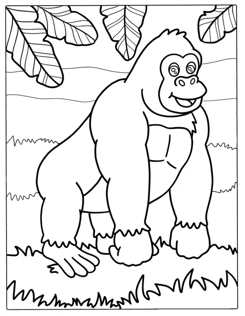 Un gorilla è raffigurato tra le piante della giungla.