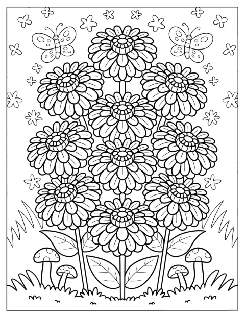 Cynie rosną w ogrodzie, gdzie obok nich są grzyby i fruwające motyle.