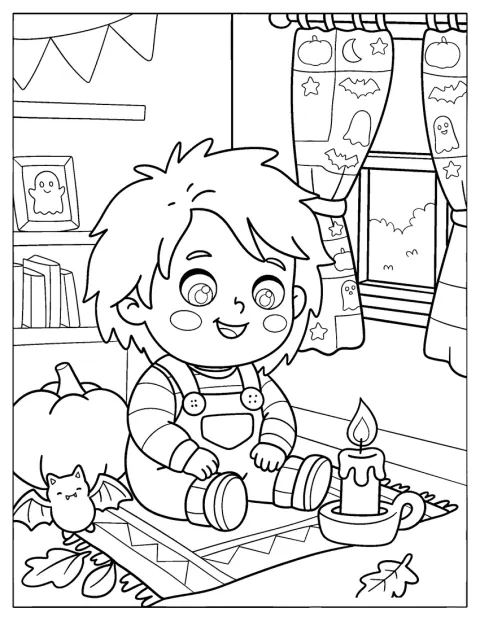 Chucky, representado como un chibi, observa una vela encendida.