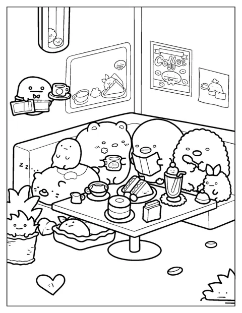 Os amigos Sumikko Gurashi estão reunidos num restaurante com os Minnikos.