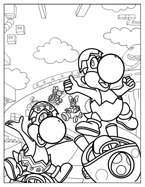 Yoshi prowadzi gokart podczas wyścigu Mario Kart.
