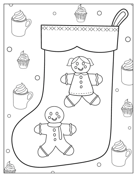 クリスマス靴下から、ジンジャーブレッドマンが顔をのぞかせています。