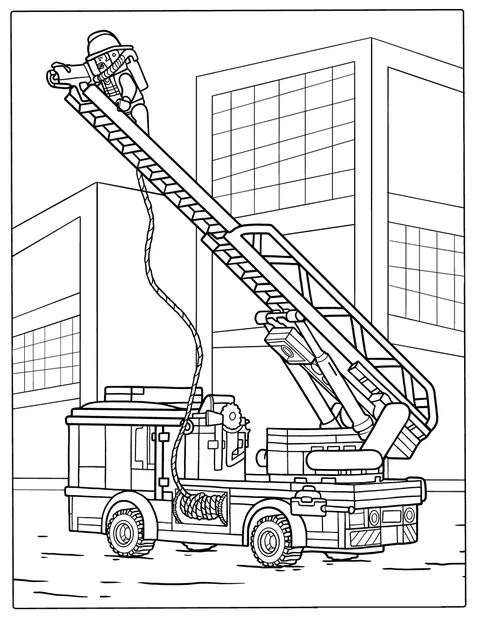 Um carro de bombeiros LEGO tem a escada estendida bem acima da cabine.