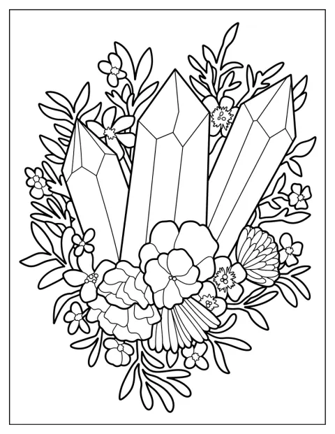 Tres cristales grandes se alzan entre flores.