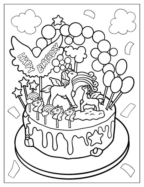 Un unicornio decora una tarta de cumpleaños.