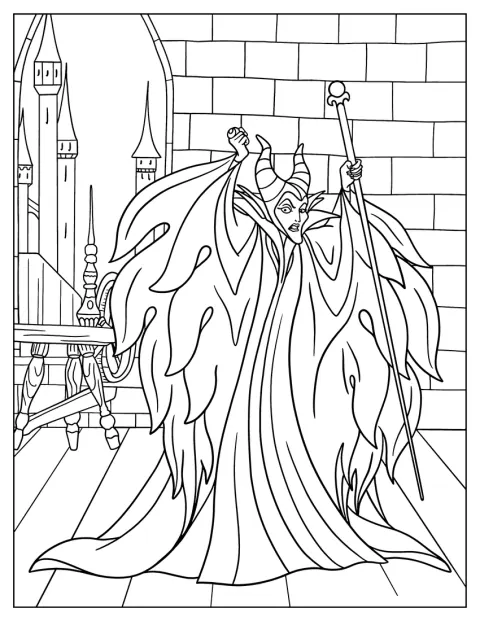 Maleficent, enfadada, está ante un castillo.