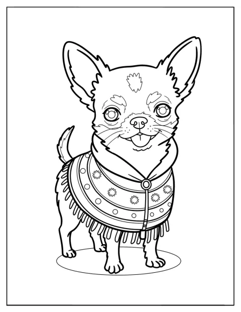 Een Chihuahua glimlacht terwijl hij een mooie poncho draagt.