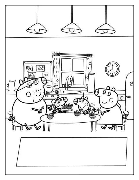 Peppa Pig en haar familie zitten aan tafel voor het avondeten.