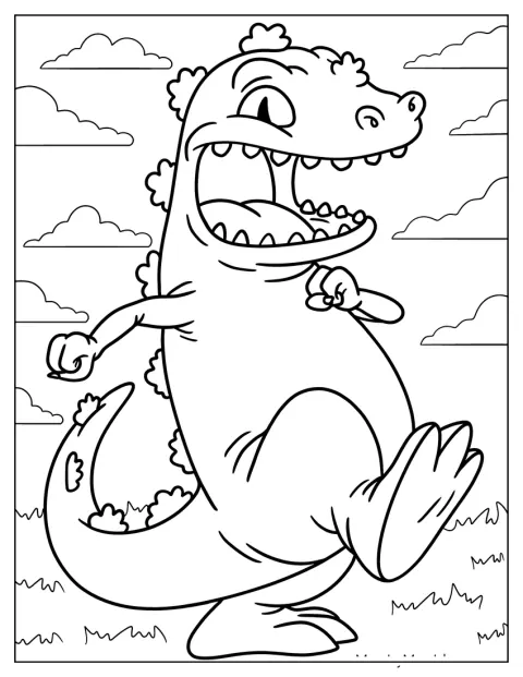 Le dinosaure Reptar avance tranquillement dans une étendue d’herbe.
