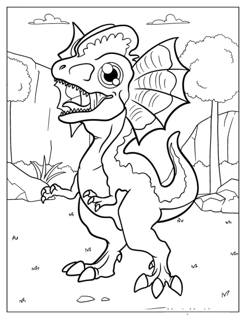 Egy kedves Dilophosaurus áll a vadonban.
