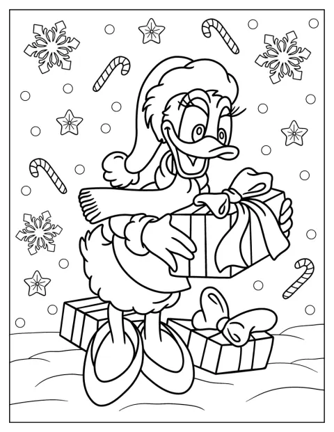 Daisy Duck segura um presente de Natal.