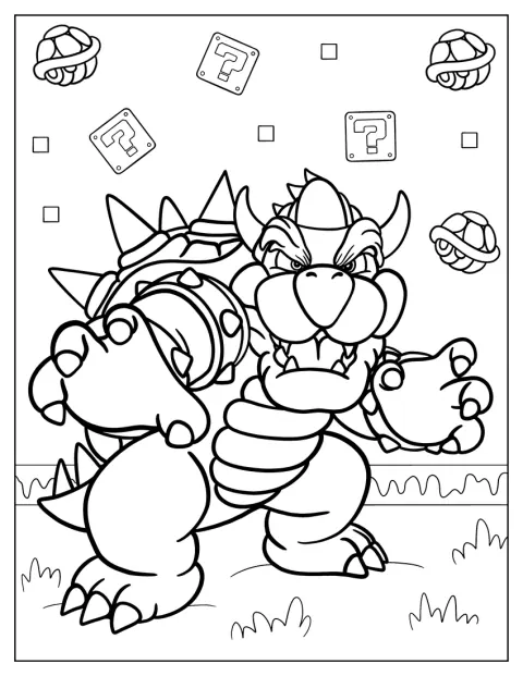 Bowser ukazuje svůj ostnatý želví krunýř.