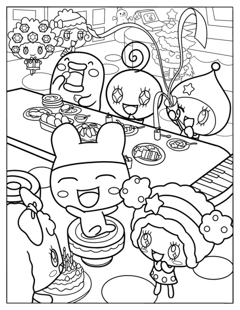 Kuchipatchi, Mametchi, Lovelin, Chamametchi și prietenii lor mănâncă împreună.
