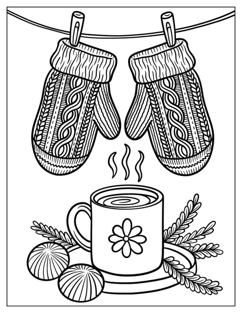 Detailreiche Fäustlinge hängen über einer Tasse heißer Schokolade.