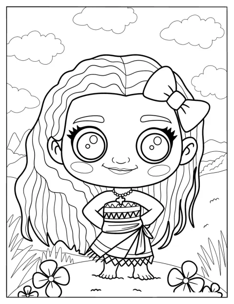 Moana usa um laço no cabelo.