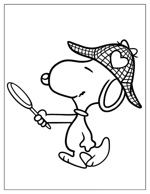 Snoopy tutkii johtolankoja etsivän asussa.