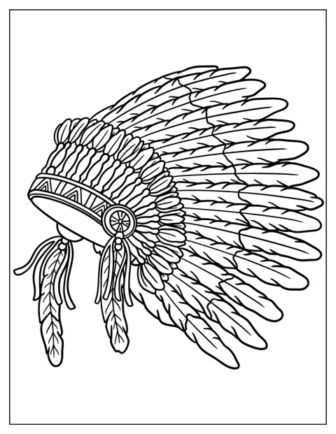 Un tocado indígena de plumas ocupa el centro del dibujo.