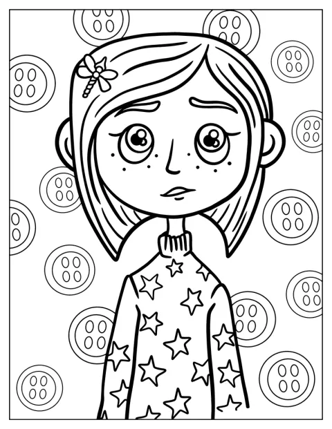 Coraline veste uma camisola com estrelas e apresenta uma expressão pensativa.