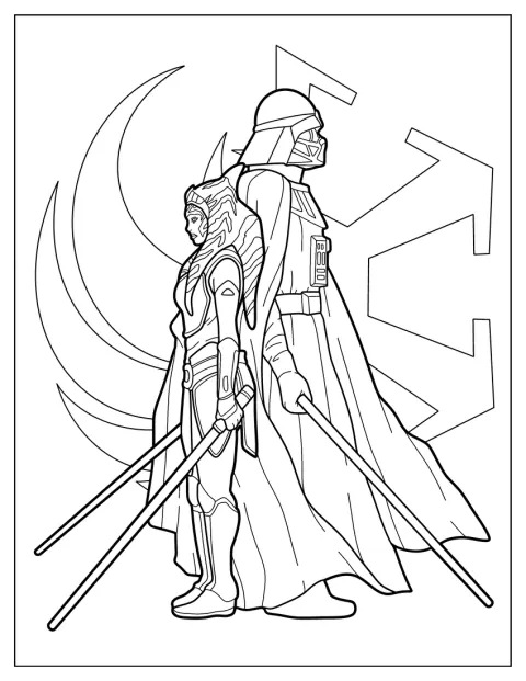 Ahsoka Tano y Darth Vader se colocan espalda con espalda.