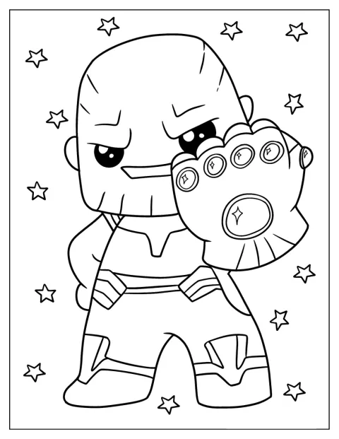 Söpö, kawaii-tyylinen Thanos pitelee Infinity Gauntletia.