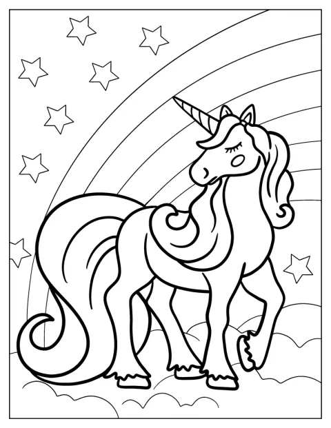 Um unicórnio tranquilo está ao lado de um arco-íris e de estrelas.