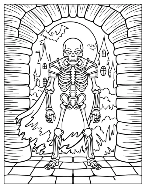 Skeleton Coloring Page Knight in Armor at Castle Gate