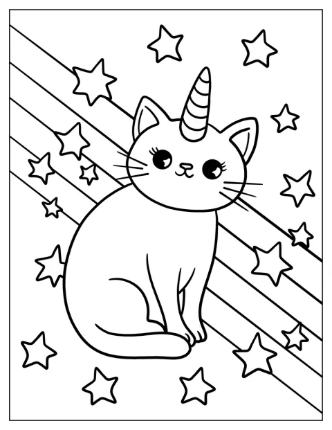 ユニコーンの子猫が星の輝く背景の前にいます。