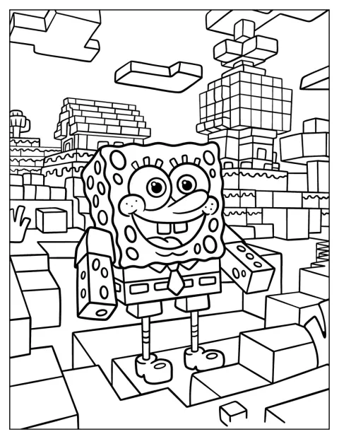 SpongeBob je zobrazený v hranatém stylu připomínajícím Minecraft.