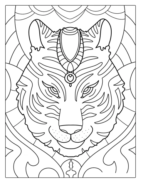 Un tigre orné de motifs complexes compose un mandala de style indien.