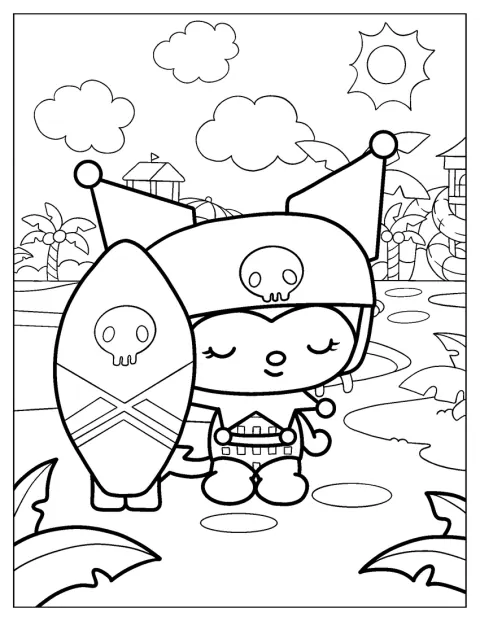 Kuromi sujeta una tabla de surf, lista para ir al agua.