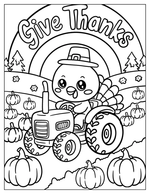 Ein Truthahn sitzt auf einem Traktor neben dem Schriftzug „Give Thanks“.