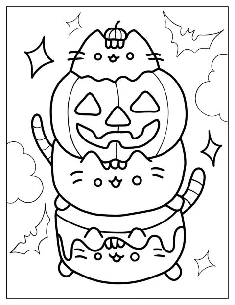 Pusheen står bredvid en tänd halloweenpumpa.