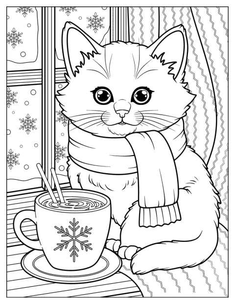 Près d’une fenêtre, un chaton en écharpe est assis à côté d’une boisson chaude.