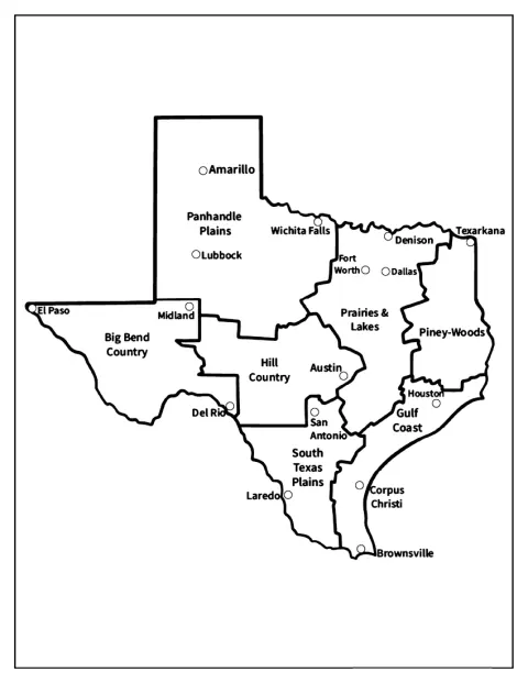 Texas näkyy yksityiskohtaisena osavaltion karttana.