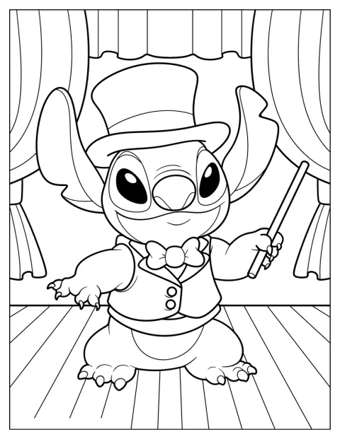 Stitch indossa un cappotto e un cilindro mentre fa magia con la bacchetta.