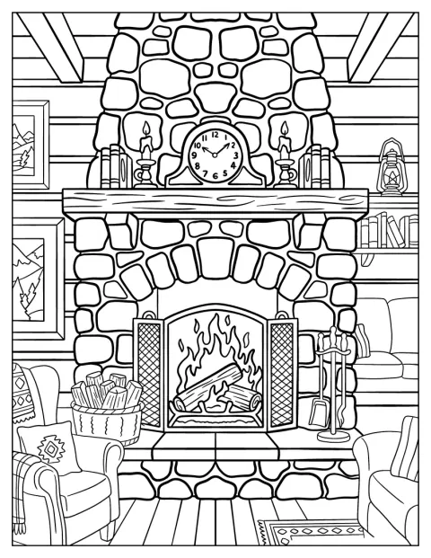 Una chimenea rústica con reloj y velas está flanqueada por dos sillones.