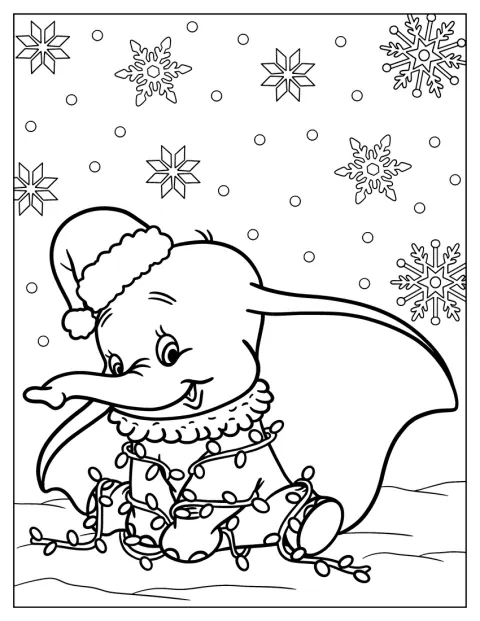 Dumbo indossa un cappello di Babbo Natale ed è avvolto da luci natalizie.