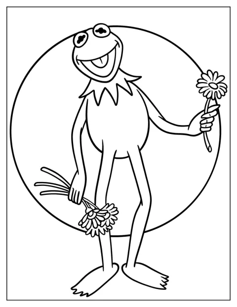 Kermit pitää kukkakimppua käsissään.