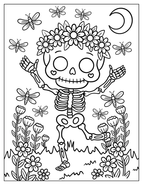 Un squelette joyeux, couronné de fleurs, danse parmi les libellules.