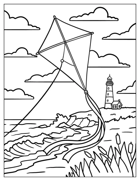 Ein Drachen fliegt am Himmel neben einem hohen Leuchtturm an der Küste.