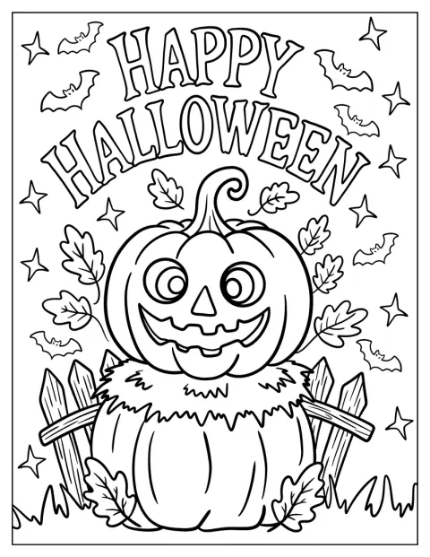 Un espantapájaros con cabeza de calabaza sostiene un cartel de Halloween.