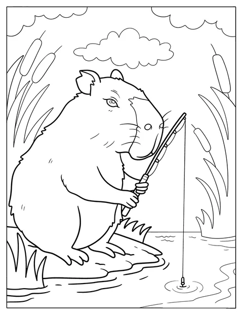 Pe malul râului, o capibara pescuiește în liniște.