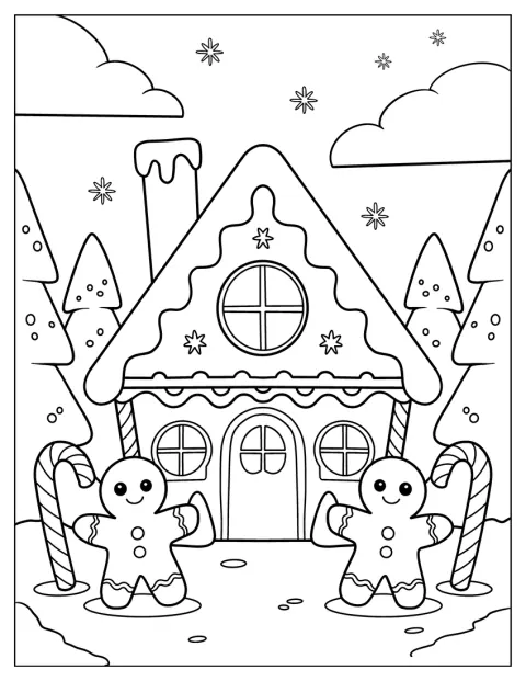 În fața unei căsuțe de turtă dulce cu bastonașe stau doi omuleți de turtă dulce.