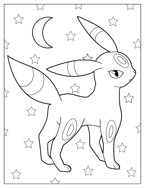 Umbreon aparece desenhado com um estilo fofo e expressivo.