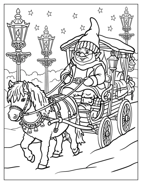 クリスマスのノームが馬車を走らせています。