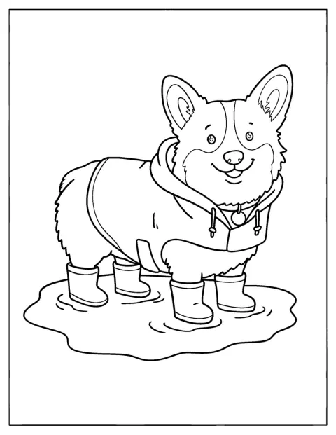 Corgi v pláštěnce a holínkách stojí v kaluži.