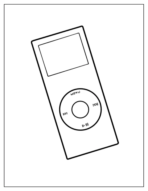 Obrys klasického iPodu s ovládacím kolečkem je zobrazen zepředu.