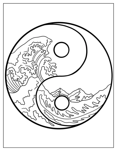 Symbol jin-jang se prolíná s Velkou vlnou od Hokusaiho.