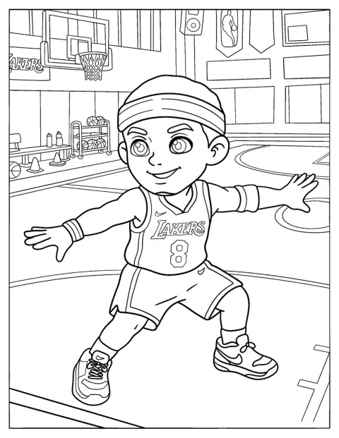 Sur un terrain de basket, Kobe Bryant en style anime tient le ballon.